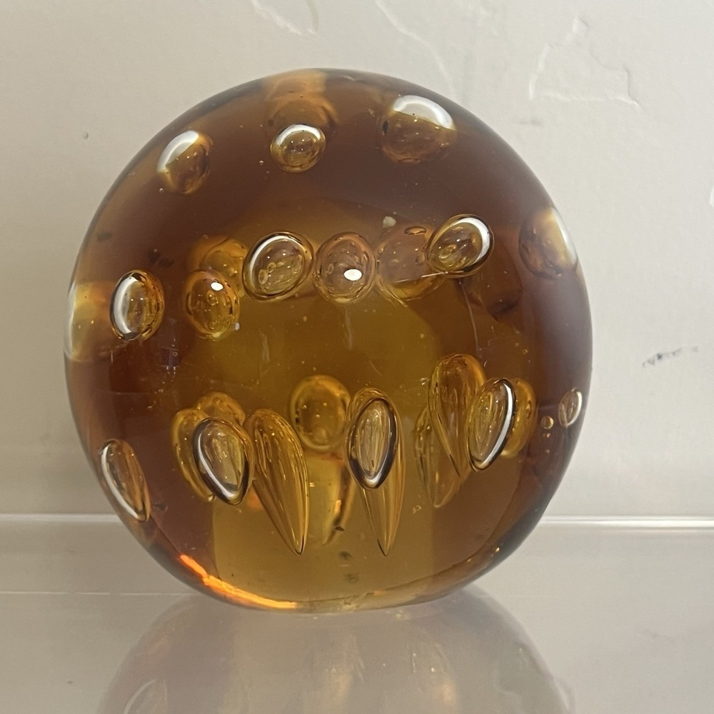 Amber Blown Glass Sphere Paperweight Controlled Bubbles 3" Round